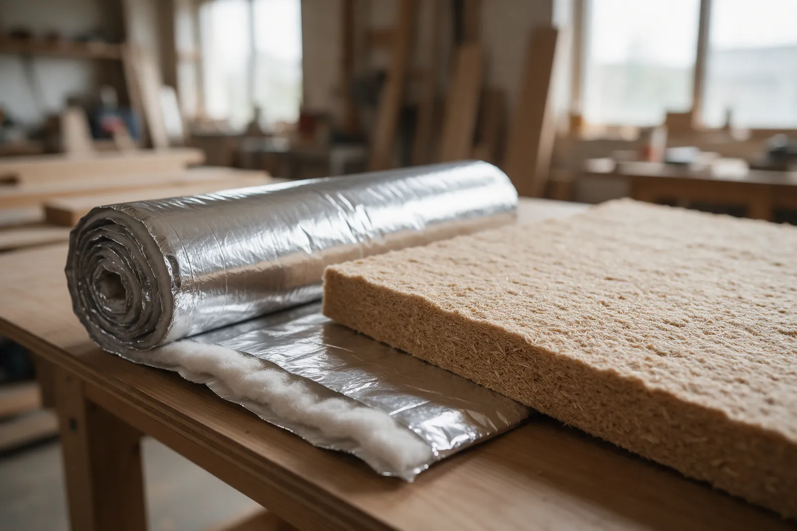 Rouleau d'isolant mince réflecteur à côté d'un panneau de fibre de bois bien plus épais