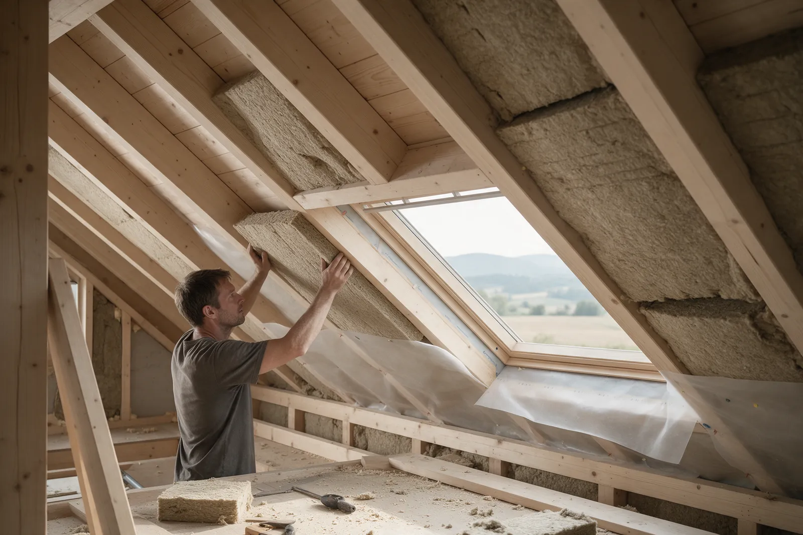 Pose de laine de bois entre les chevrons pour isoler des combles aménagés par l'intérieur