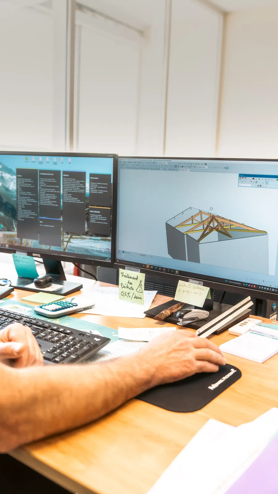 Modélisation 3D d'une charpente sur logiciel avant la taille en atelier