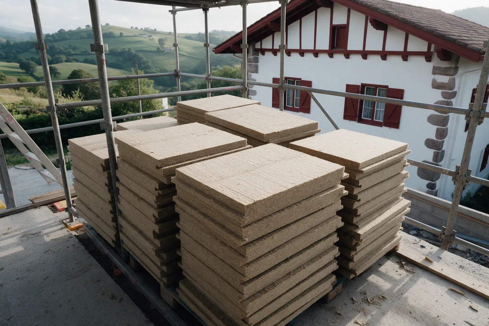 Palettes de panneaux isolants en fibre de bois prêtes pour un sarking au pied d'une maison basque