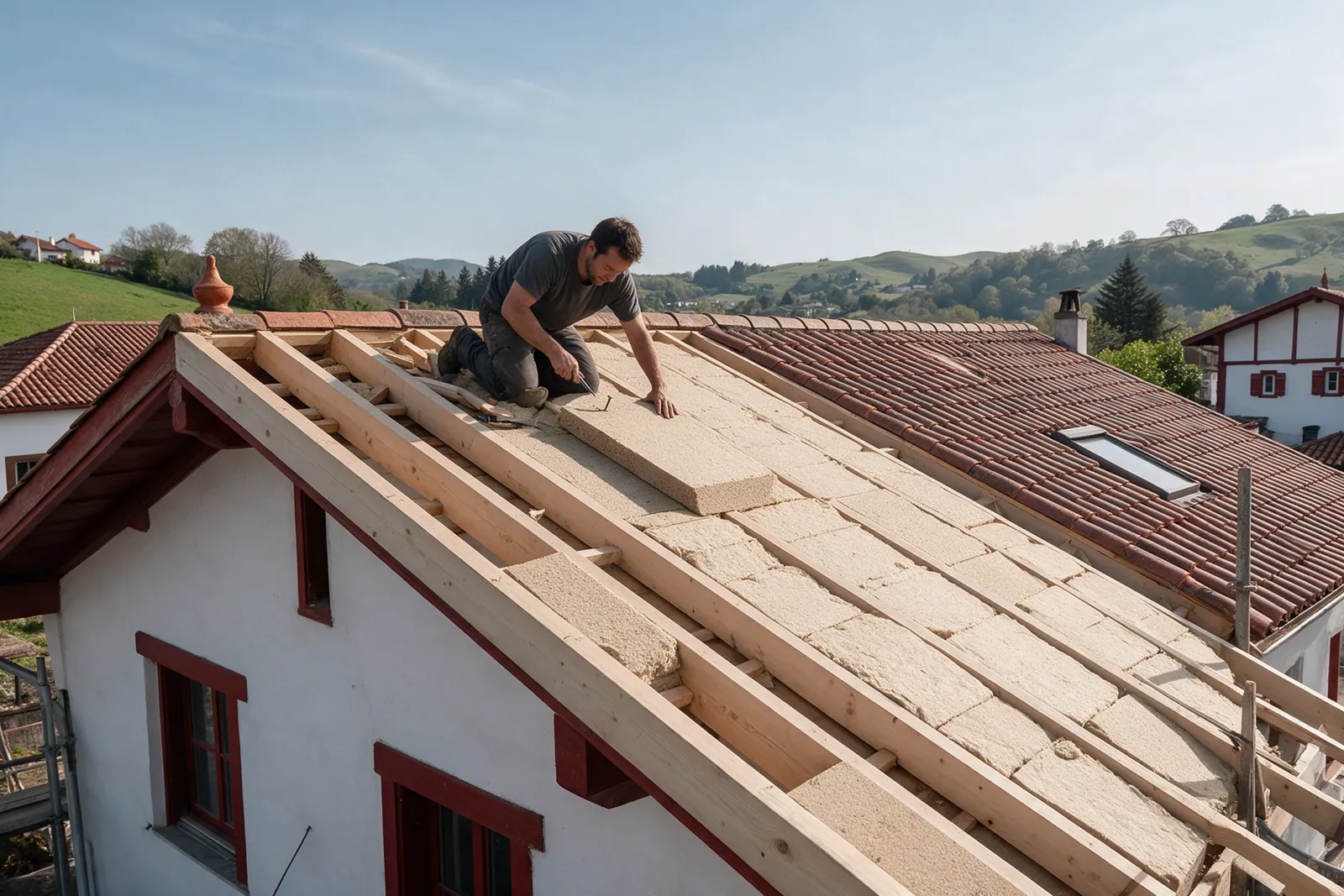 Charpentier posant des panneaux de fibre de bois sur les chevrons, isolation en sarking d'une maison basque